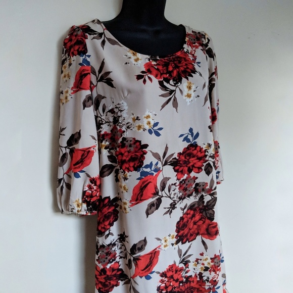 Summer SALE Floral Red Blue Dress, Mid length, Size Small, Long Sleeve Puff - Picture 1 of 8